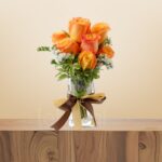 Vibrant Orange Rose Bouquet with Static & Pitospirum in Vase – Wholesale in Qatar - 1219