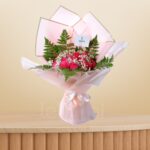 Elegant Pink Rose Bouquet with Gypso & Leather Leaf – Wholesale in Qatar - 1237