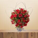 Elegant Red & Baby Roses with Steel Grass in Round Glass Vase – Wholesale in Qatar - 1256