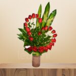 Elegant Red Rose Bouquet with Italian Ruscus & Messangna in Glass Vase – Wholesale in Qatar - 1345