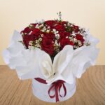 Passionate Red Rose & Wax Floral Arrangement in Round Box – Wholesale in Qatar - 1450