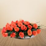 Vibrant Rose Orange Blooms – Elegant Floral Arrangement in Metal Tray – Wholesale in Qatar - 1493