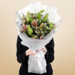Delicate Pink Lily & Eucalyptus Bouquet – Wholesale in Qatar - 1502