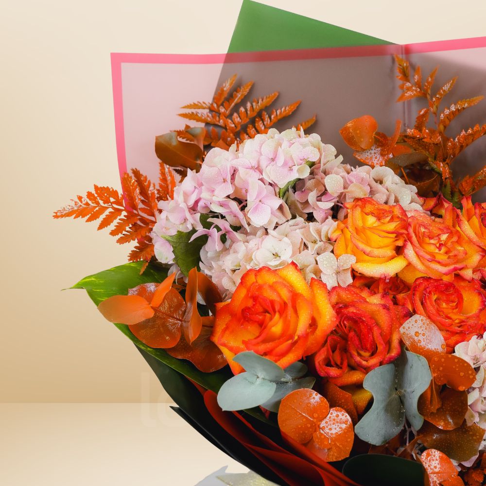 Pink Hydrangea & Orange Rose Bouquet - 1754